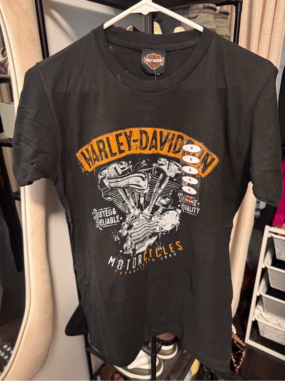Harley-Davidson Black Short-Sleeve Tee with Orange & White Engine Graphic